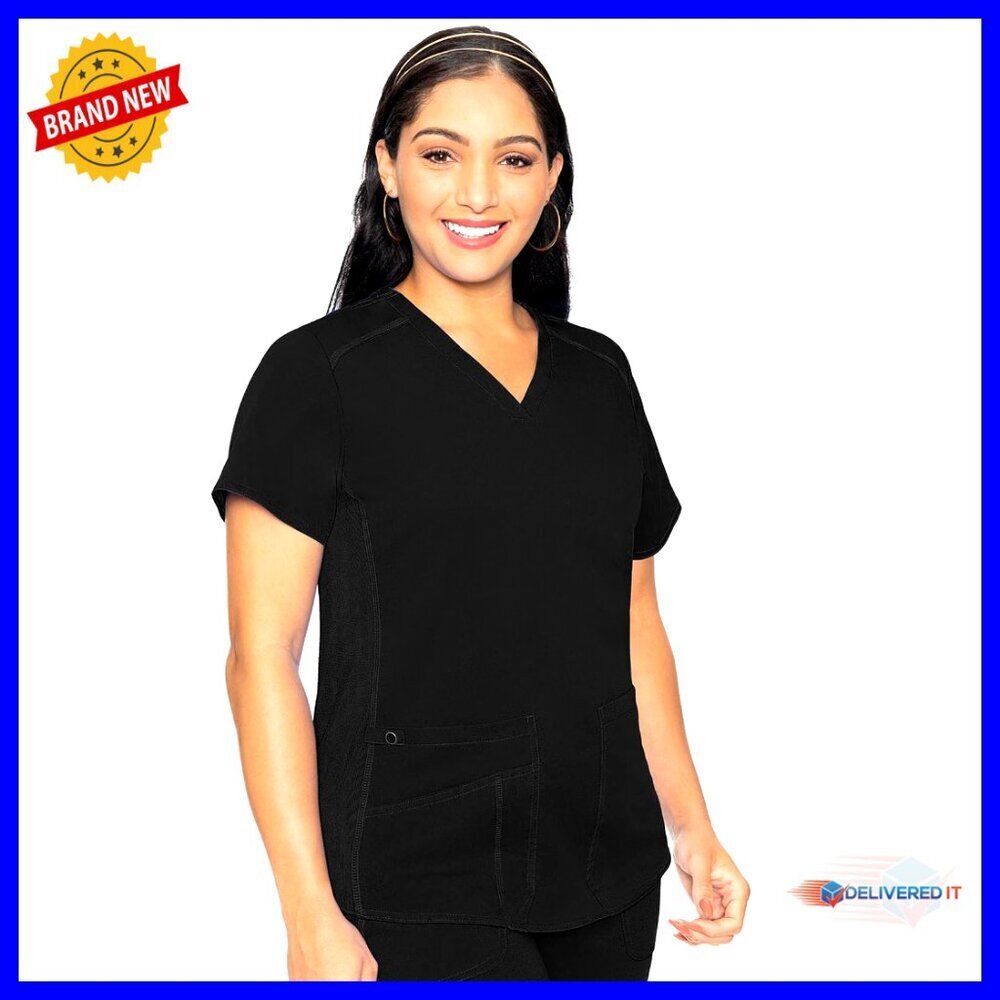 Women's V-Neck Scrub Top with 4 Pockets, Rib-Knit Panels, Shirttail Hem